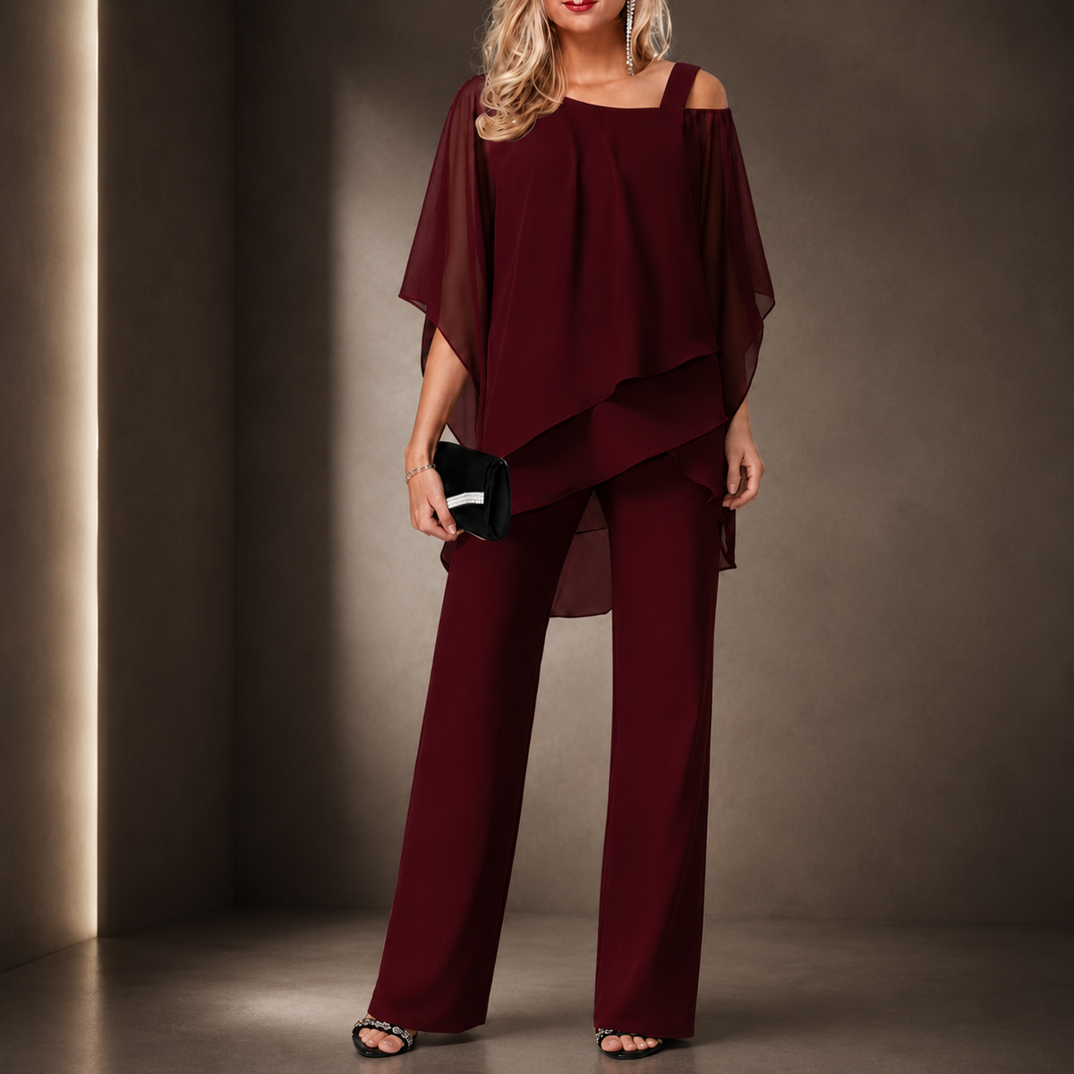 Silvia- Conjunto top de gasa irregular y pantalón de pierna ancha