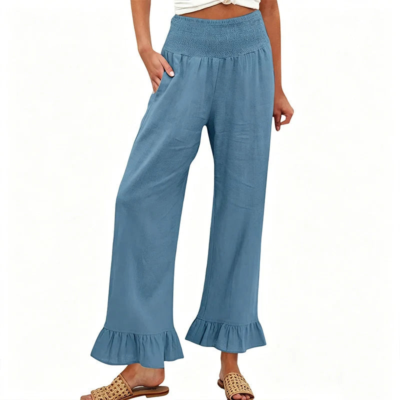 Cayetana- Pantalón mujer algodón lino ancho tiro alto smock volante bajo casual