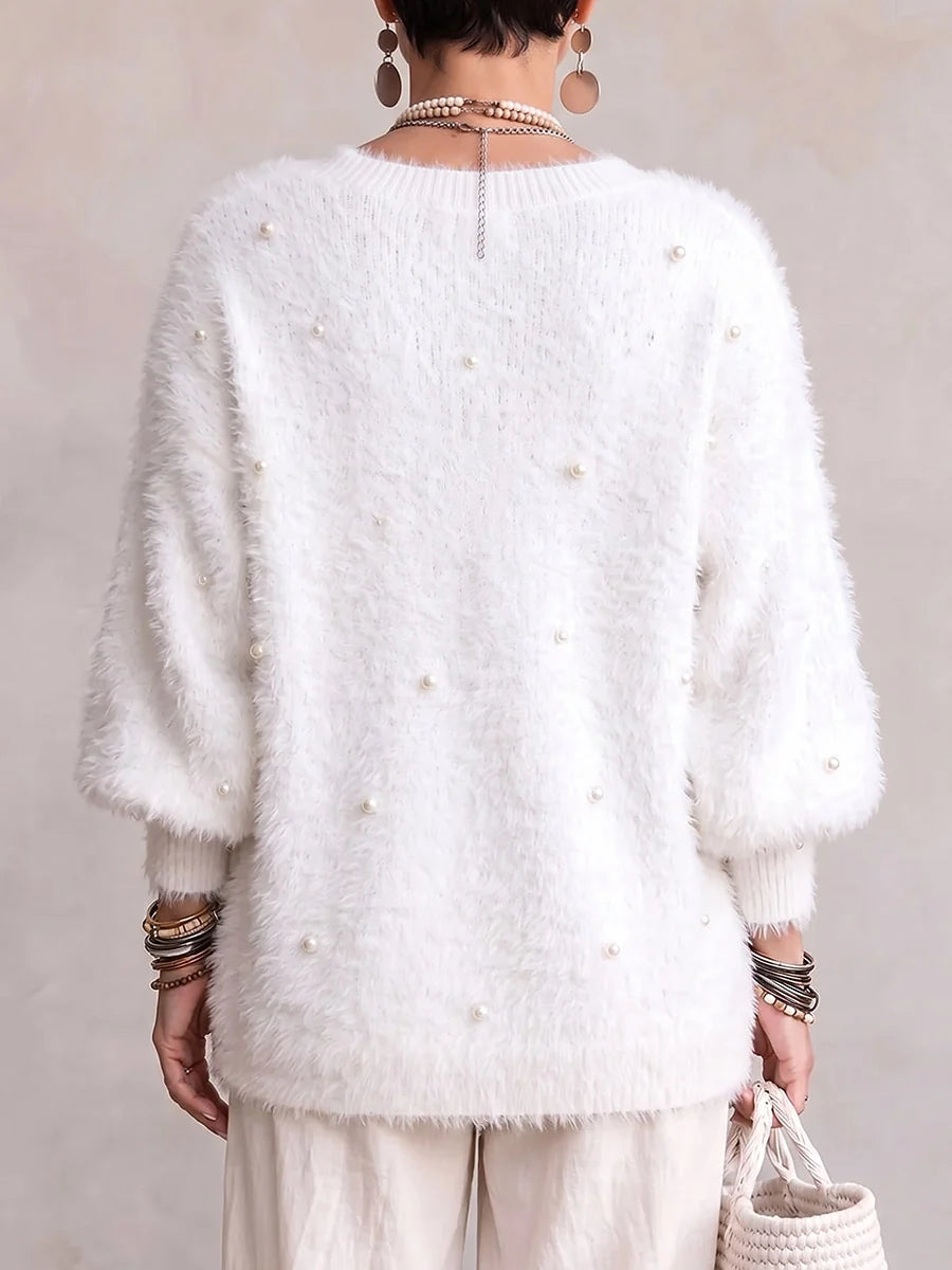 Ainara- Suéter informal holgado de manga larga con cuello en V y color liso para mujer