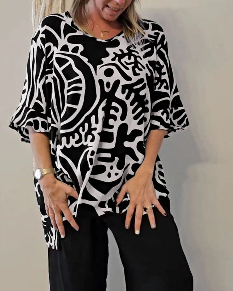Livia- Blusa amplia mujer con estampado abstracto y mangas fluidas