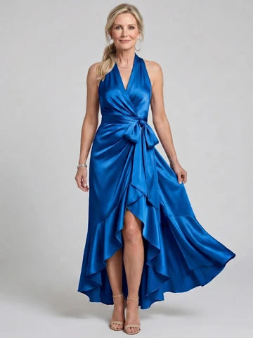 Maria- Vestido midi con cuello halter, corte cruzado y bajo asimétrico