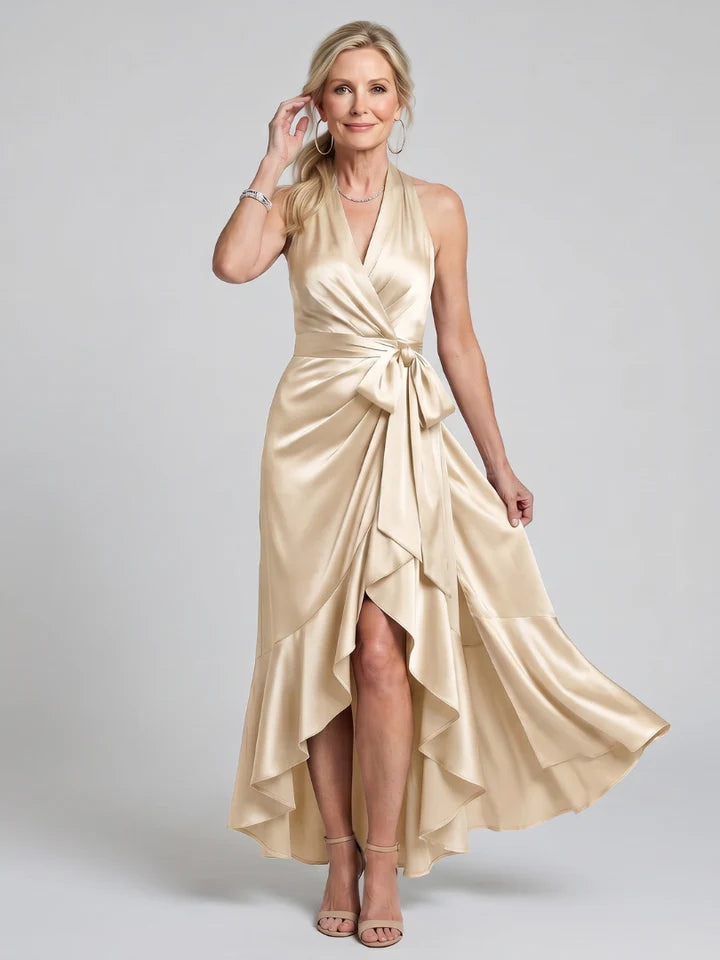 Maria- Vestido midi con cuello halter, corte cruzado y bajo asimétrico