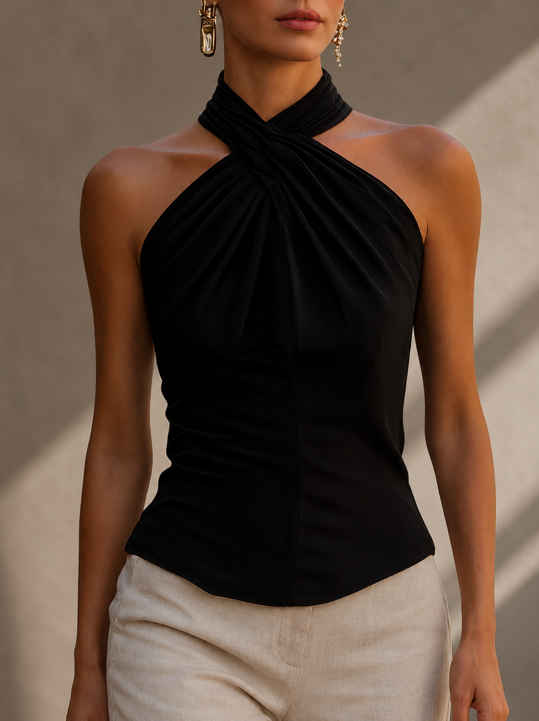Martina- Top Elegante Halter con Detalle Cruzado y Abertura Frontal