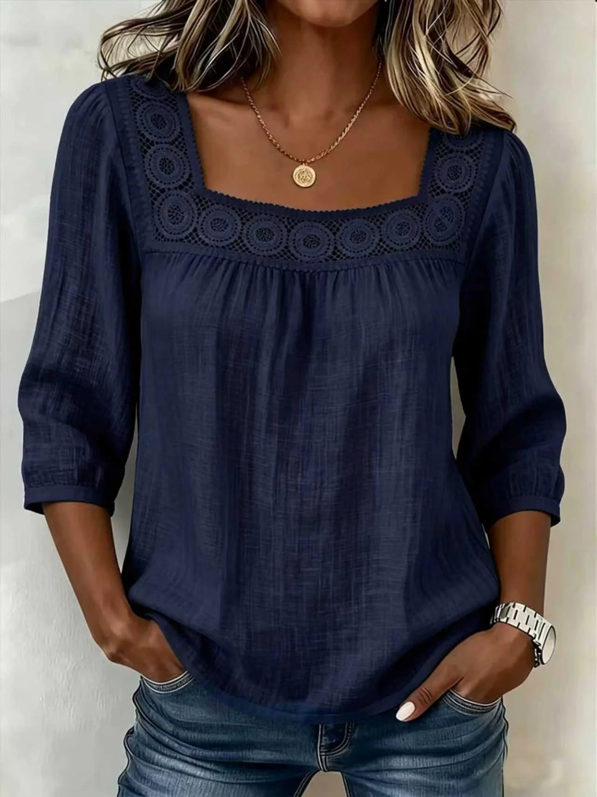 Amelia- Blusa mujer de algodón y lino con encaje elegante