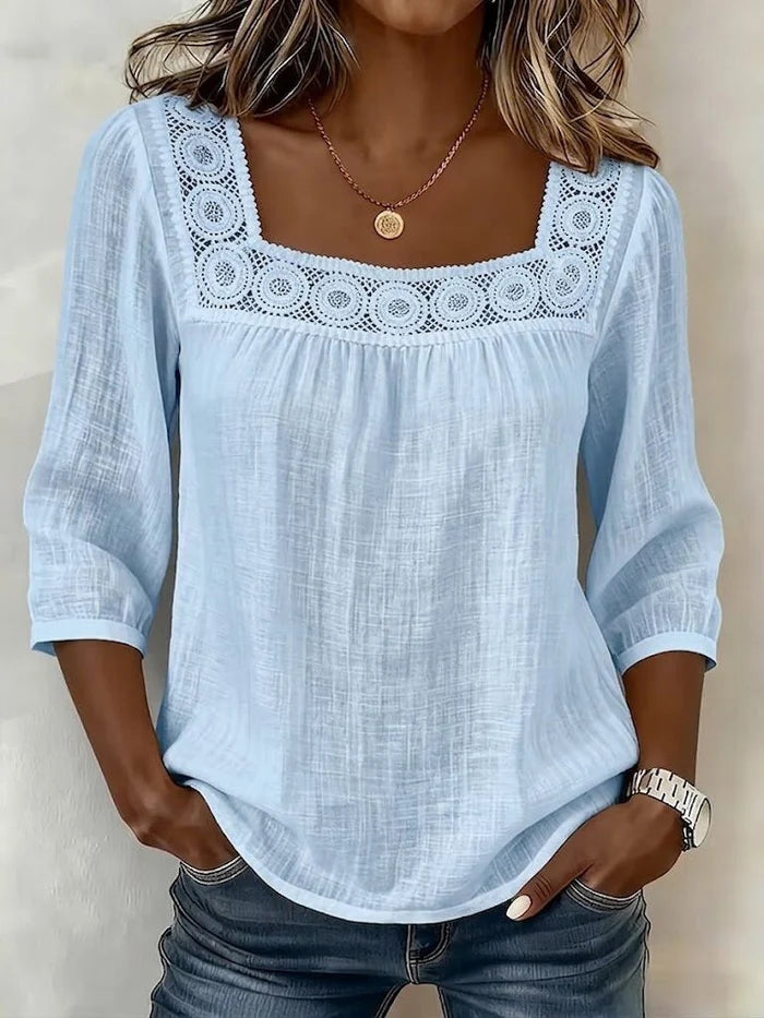 Amelia- Blusa mujer de algodón y lino con encaje elegante