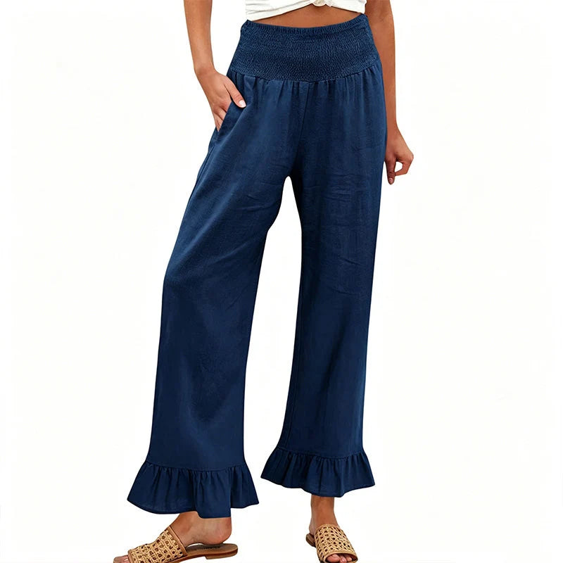 Cayetana- Pantalón mujer algodón lino ancho tiro alto smock volante bajo casual