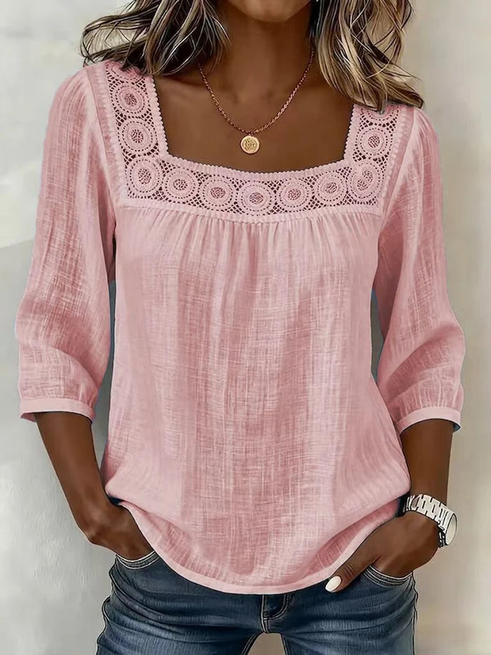Amelia- Blusa mujer de algodón y lino con encaje elegante