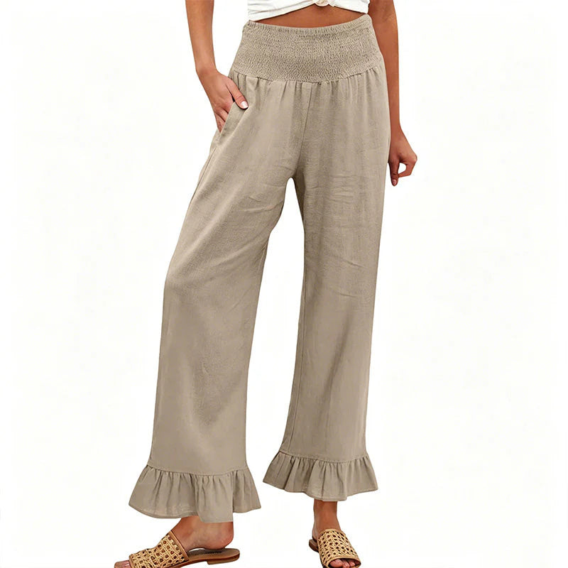 Cayetana- Pantalón mujer algodón lino ancho tiro alto smock volante bajo casual