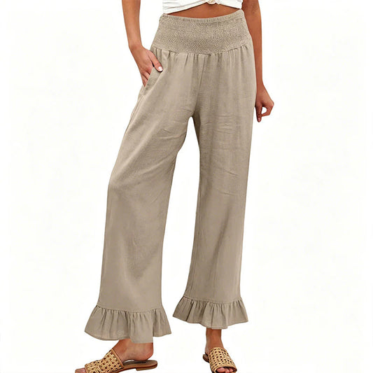Cayetana- Pantalón mujer algodón lino ancho tiro alto smock volante bajo casual
