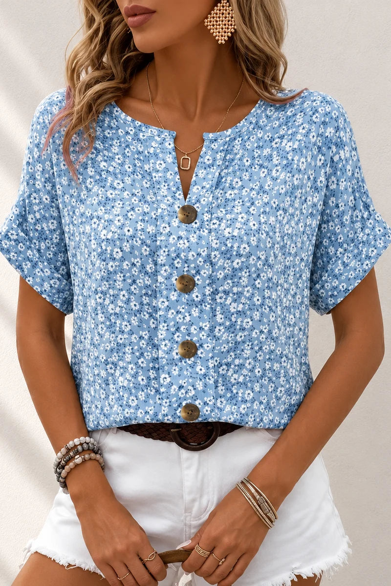 Inés- Blusa floral de mujer con botones y manga corta