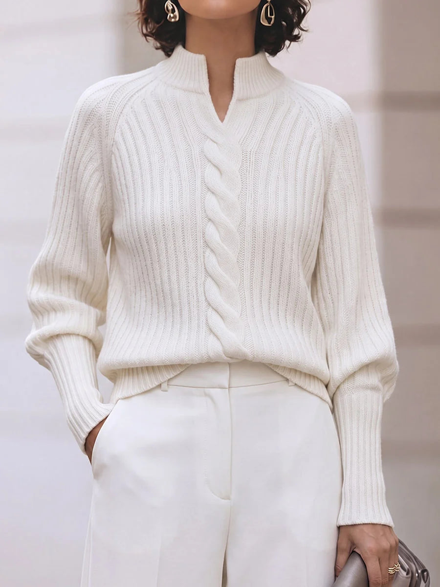 Pilar- Jersey de punto informal de manga larga con cuello en V y color liso para mujer