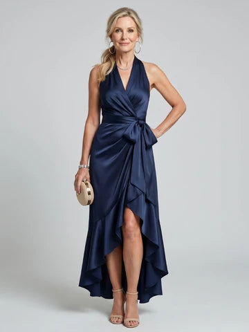 Maria- Vestido midi con cuello halter, corte cruzado y bajo asimétrico
