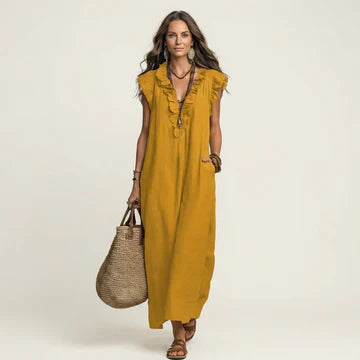 Leticia- Vestido largo con cuello en V y volantes