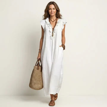 Leticia- Vestido largo con cuello en V y volantes
