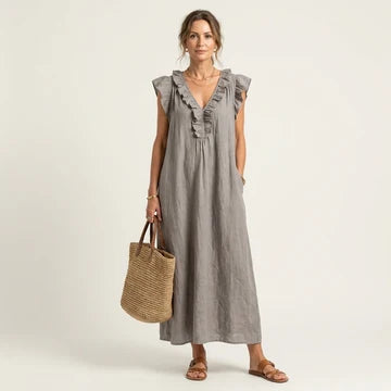 Leticia- Vestido largo con cuello en V y volantes
