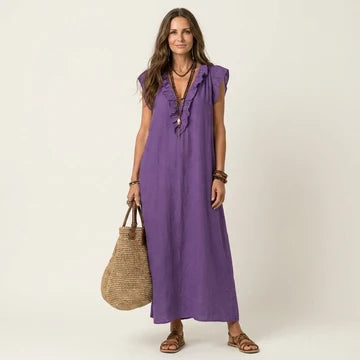 Leticia- Vestido largo con cuello en V y volantes