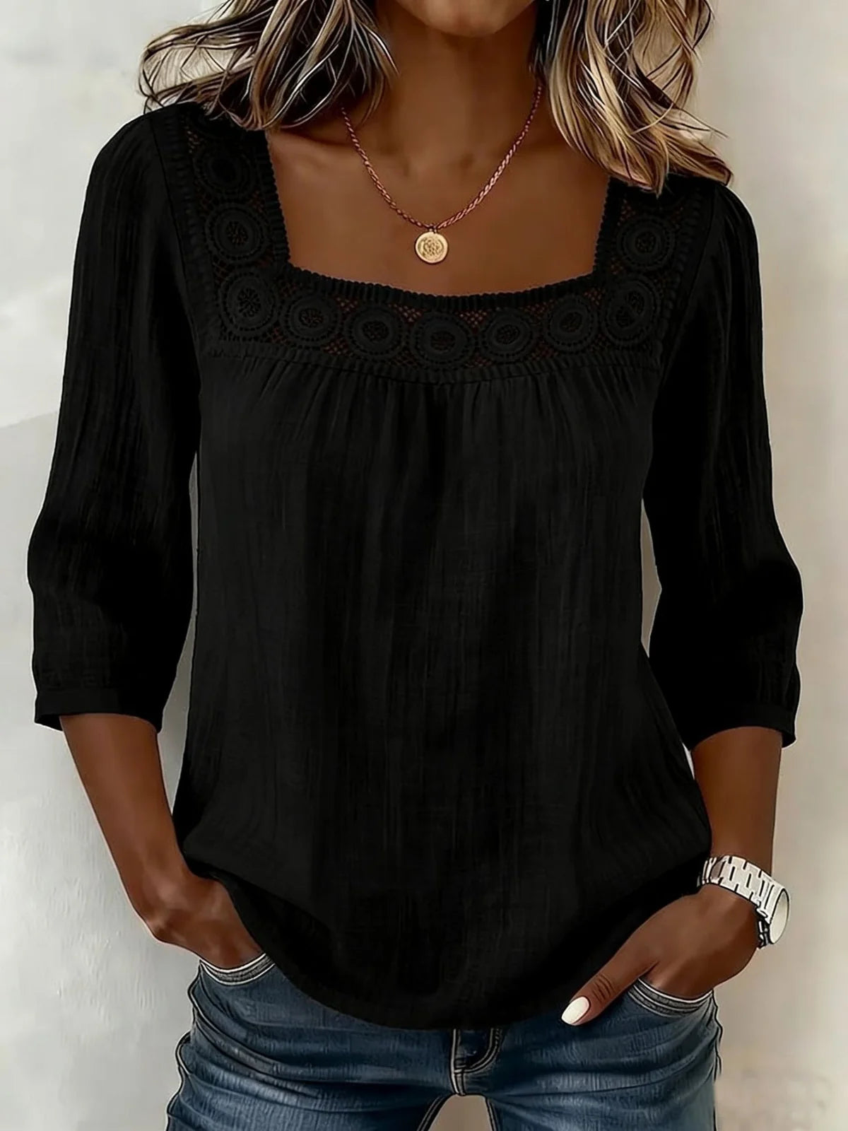 Amelia- Blusa mujer de algodón y lino con encaje elegante