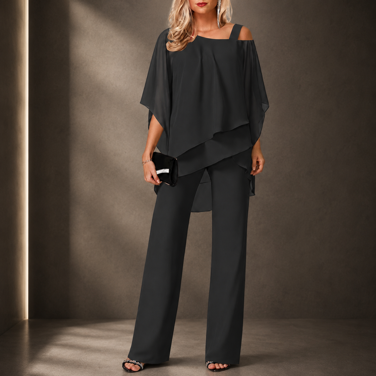 Silvia- Conjunto top de gasa irregular y pantalón de pierna ancha