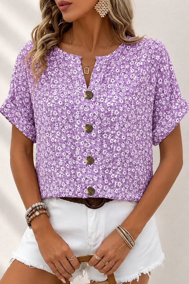 Inés- Blusa floral de mujer con botones y manga corta