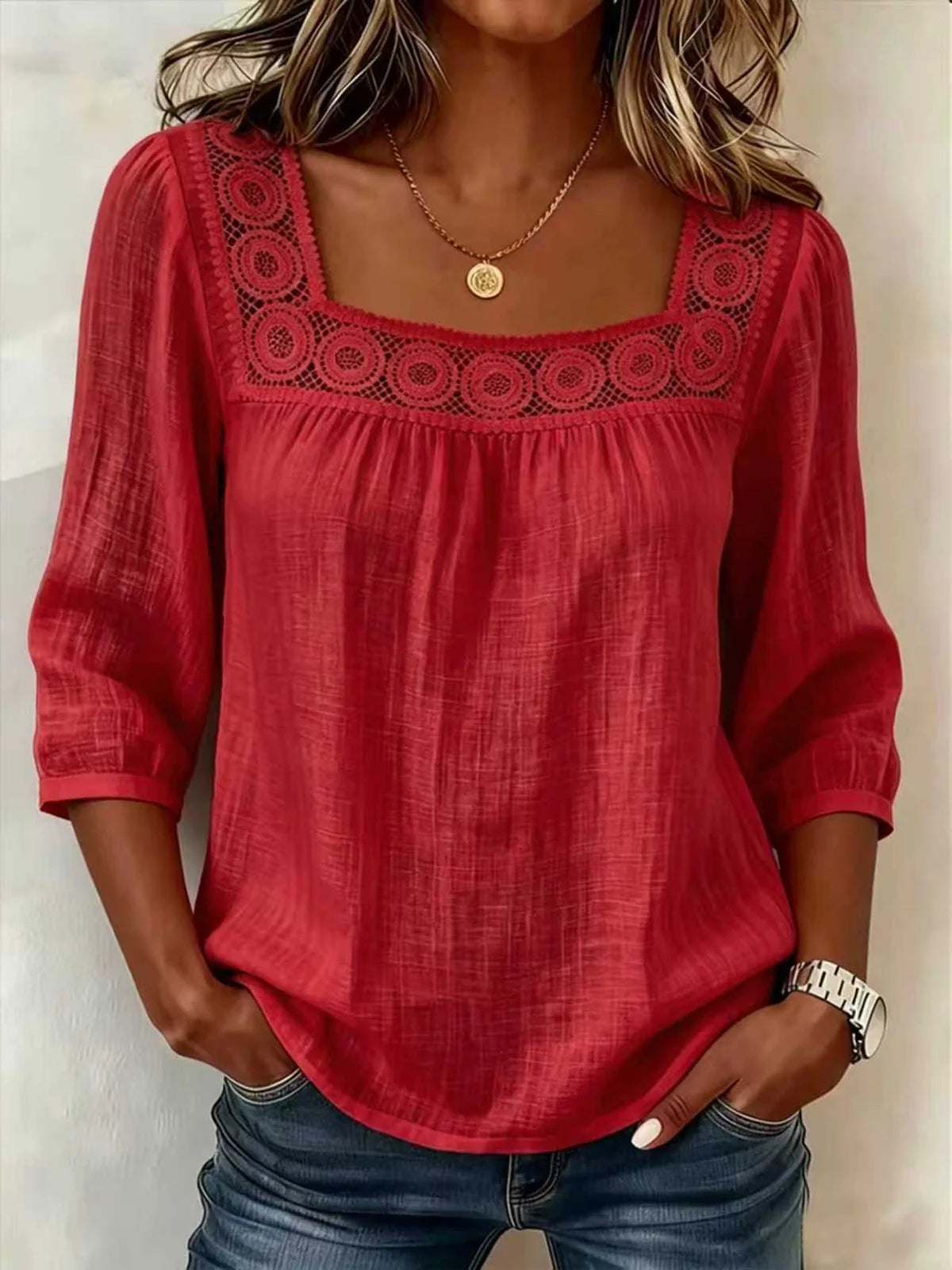 Amelia- Blusa mujer de algodón y lino con encaje elegante