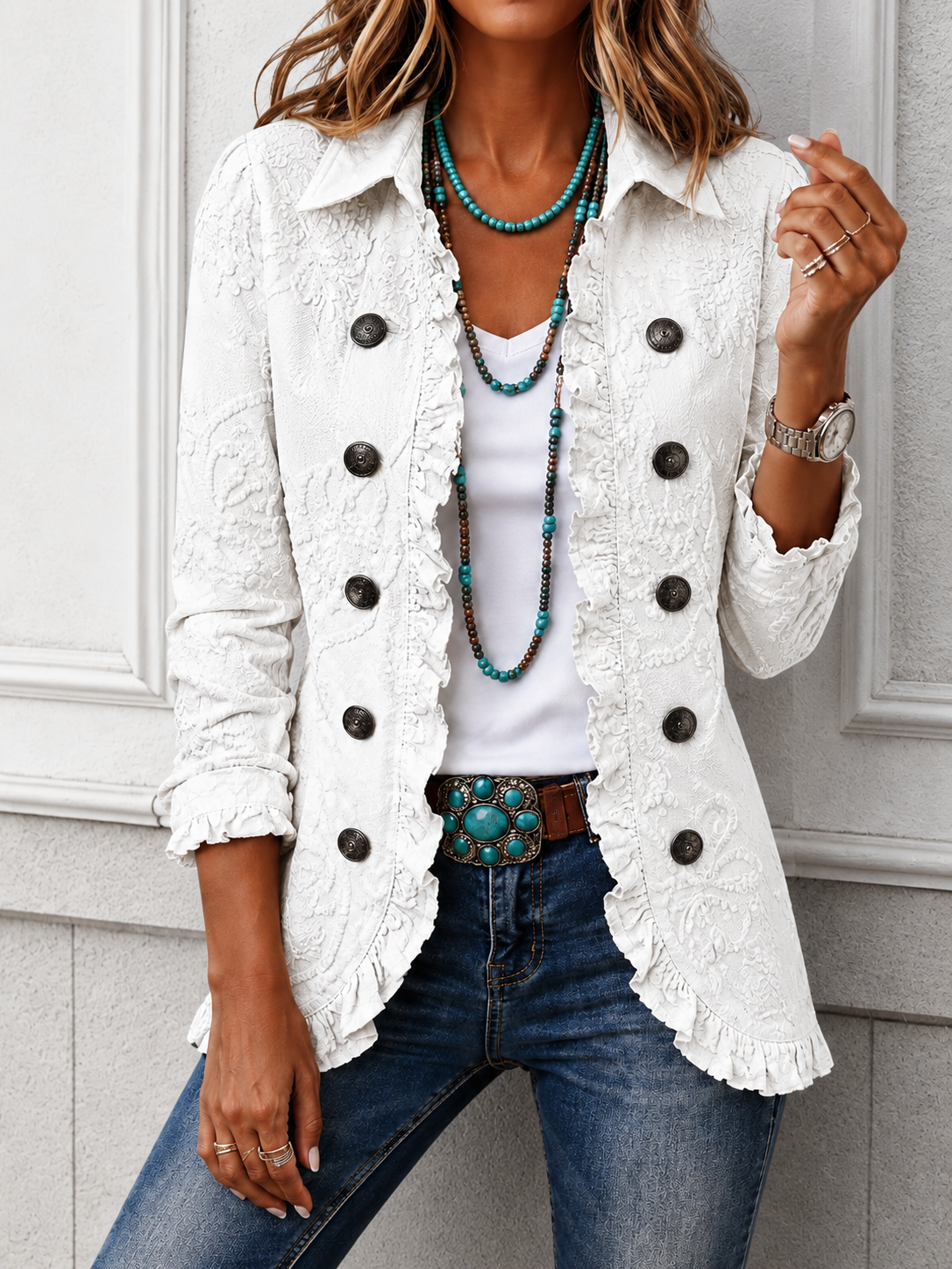 Triana- Chaqueta utilitaria de estilo boho-chic con bordados florales y ribetes con volantes