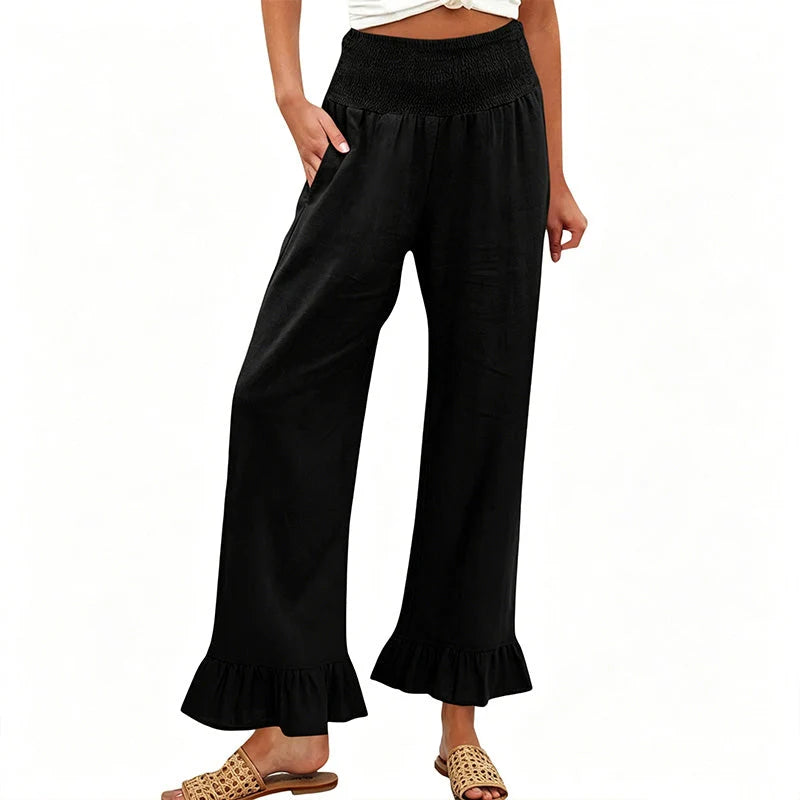 Cayetana- Pantalón mujer algodón lino ancho tiro alto smock volante bajo casual