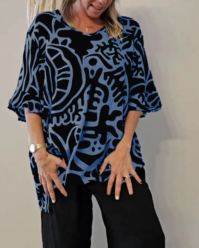 Livia- Blusa amplia mujer con estampado abstracto y mangas fluidas