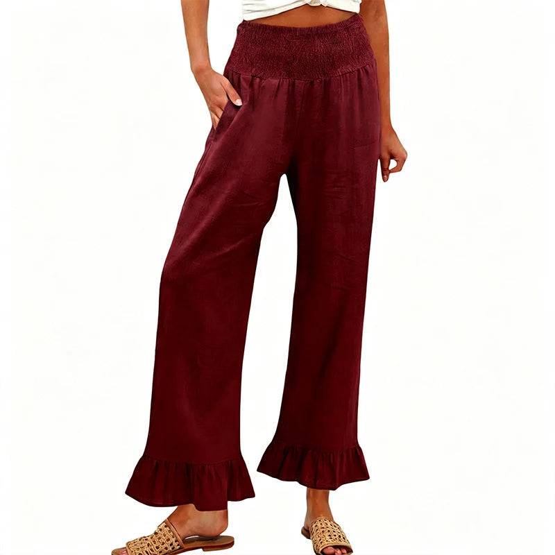 Cayetana- Pantalón mujer algodón lino ancho tiro alto smock volante bajo casual