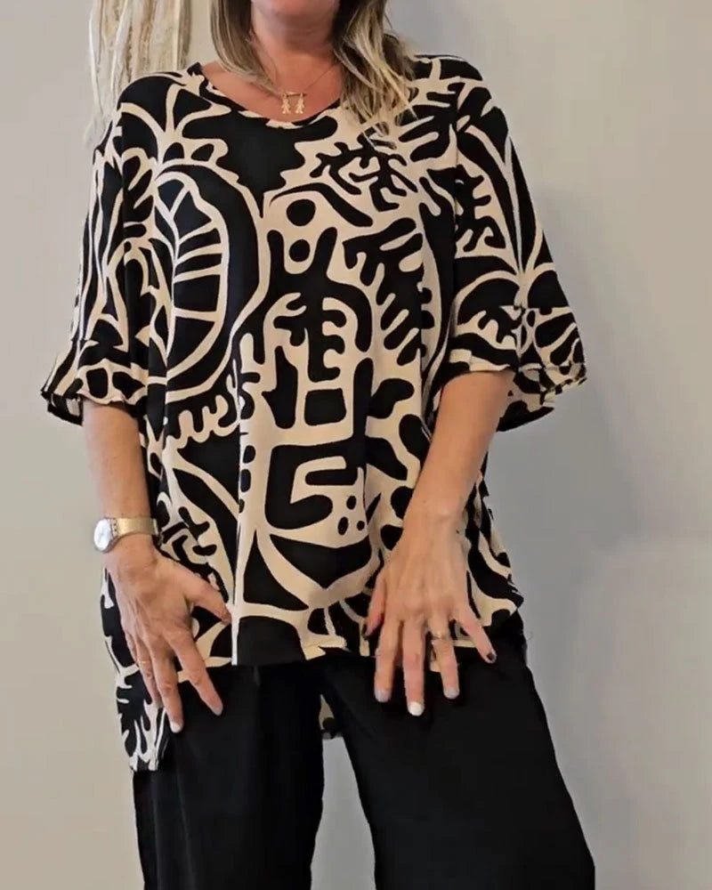 Livia- Blusa amplia mujer con estampado abstracto y mangas fluidas