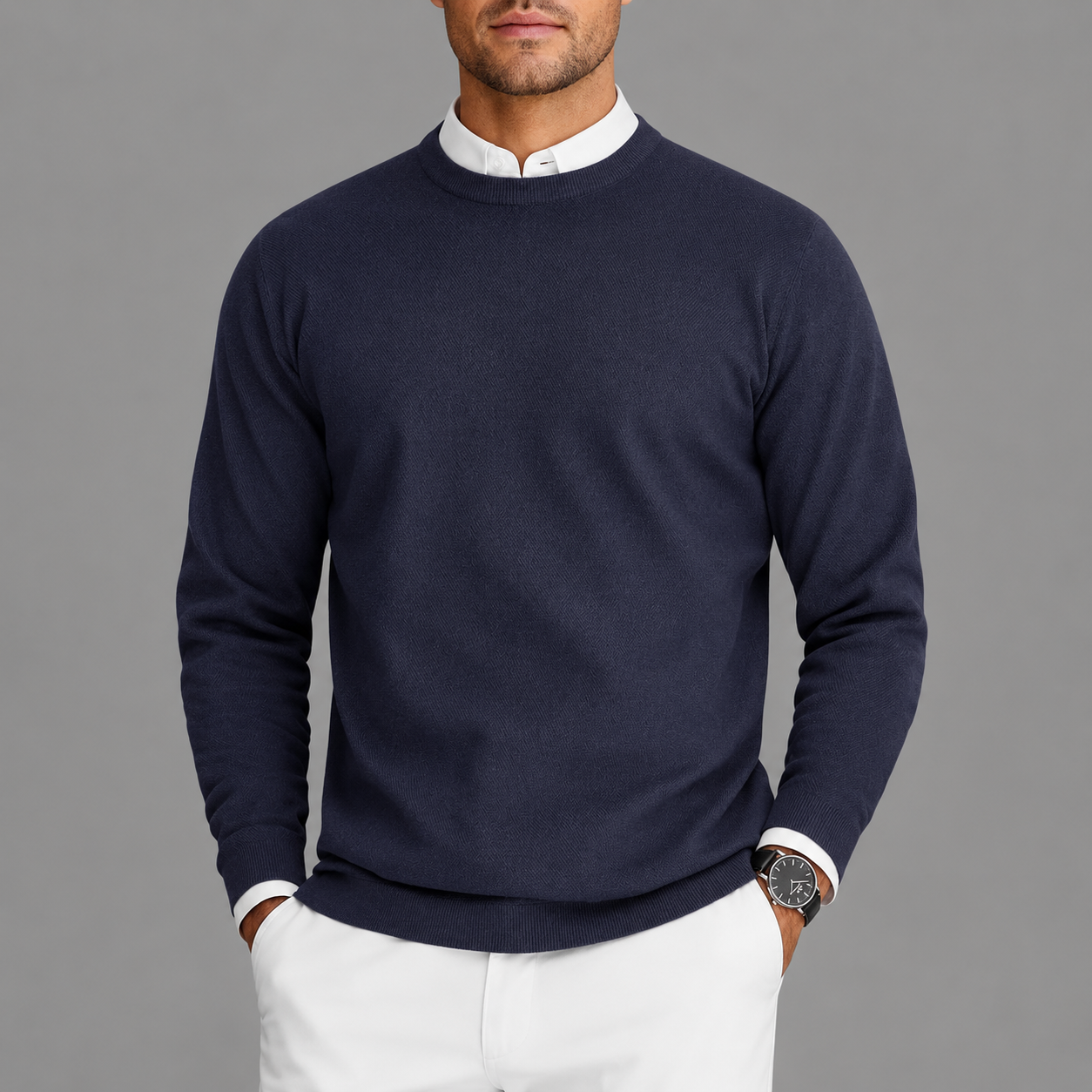 Adrián- Suéter hombre cuello redondo blanco – estilo clásico elegante cómodo diario