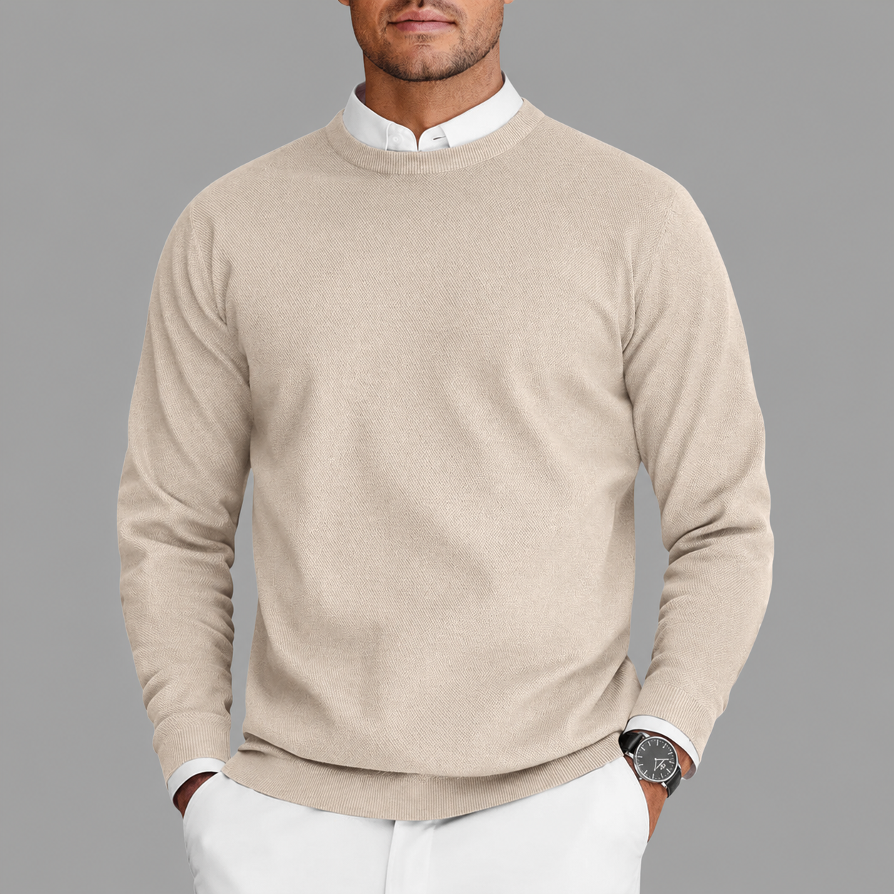 Adrián- Suéter hombre cuello redondo blanco – estilo clásico elegante cómodo diario
