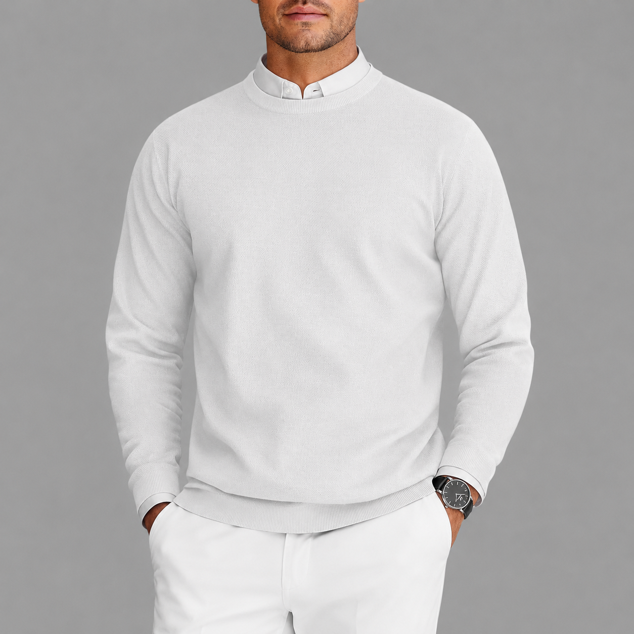 Adrián- Suéter hombre cuello redondo blanco – estilo clásico elegante cómodo diario