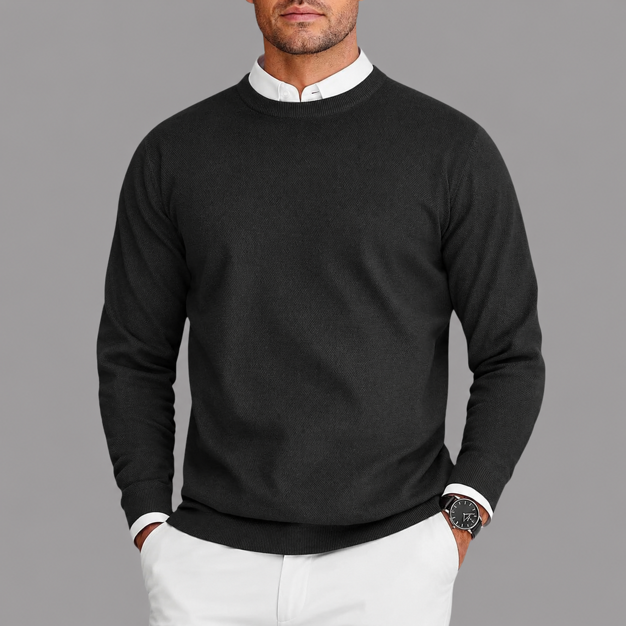 Adrián- Suéter hombre cuello redondo blanco – estilo clásico elegante cómodo diario