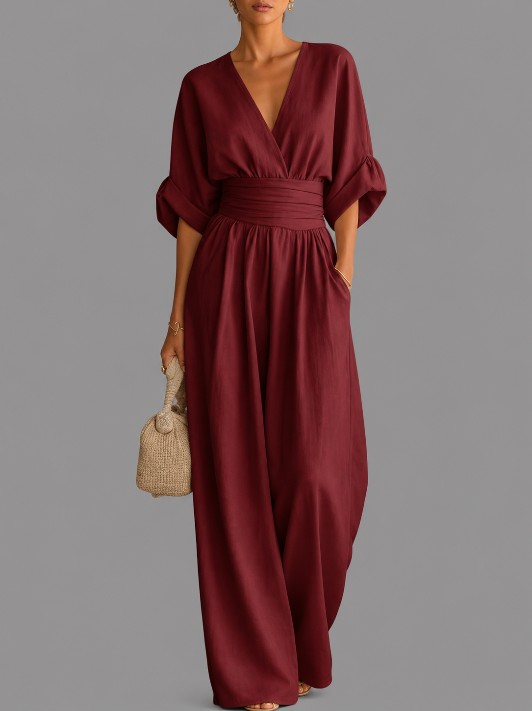 Catalina- Mono mujer elegante escote V – mono pantalón ancho cintura alta