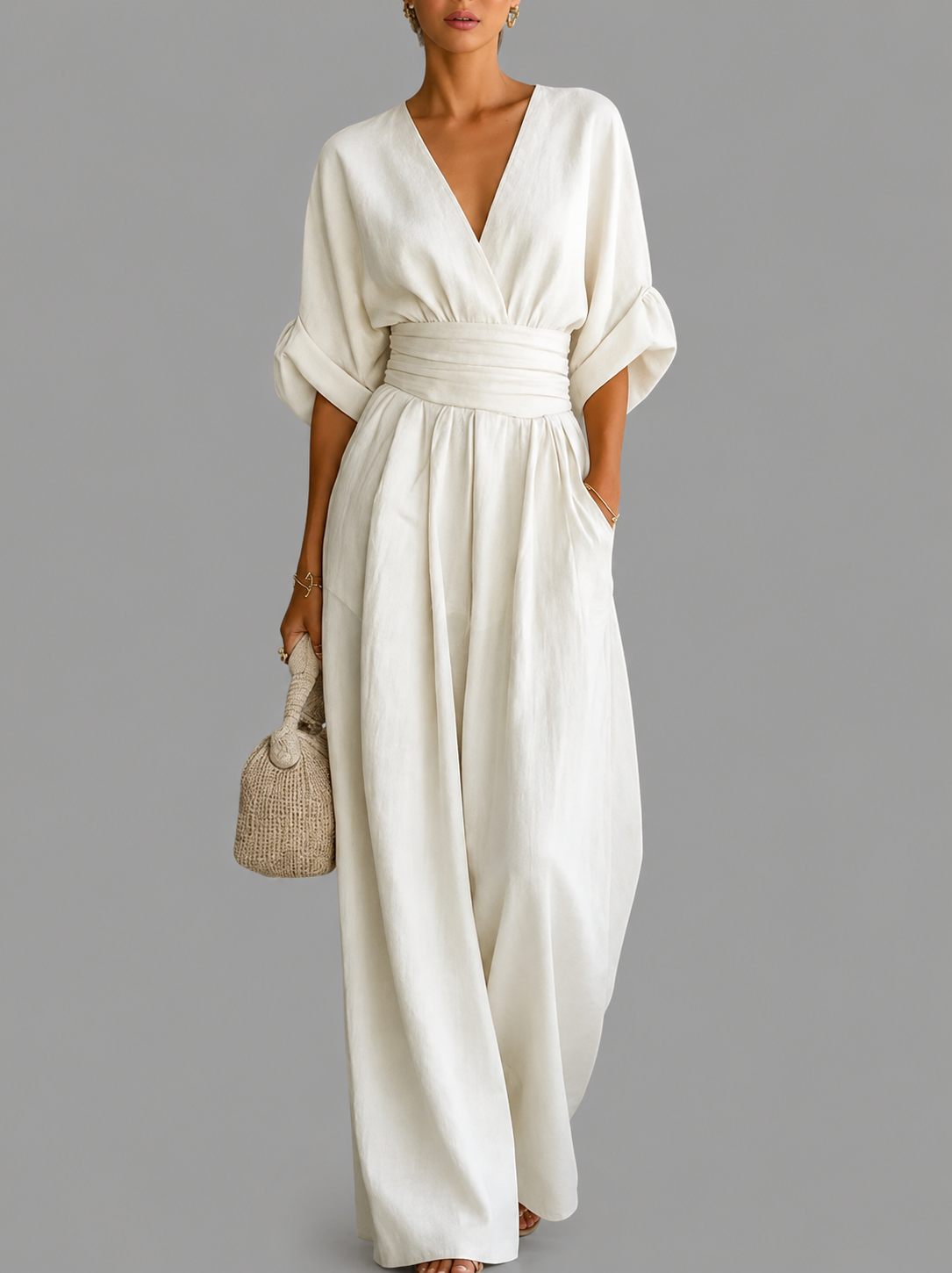 Catalina- Mono mujer elegante escote V – mono pantalón ancho cintura alta