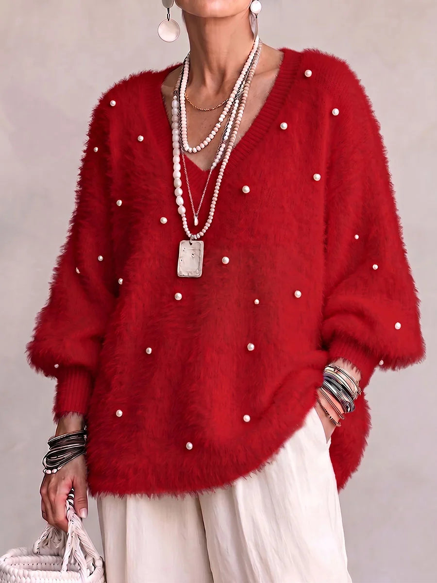 Ainara- Suéter informal holgado de manga larga con cuello en V y color liso para mujer