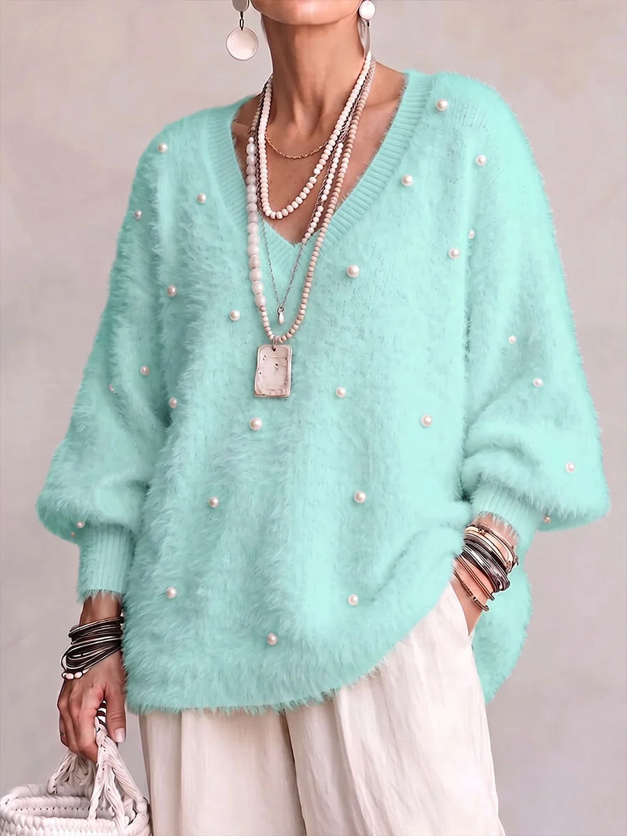 Ainara- Suéter informal holgado de manga larga con cuello en V y color liso para mujer