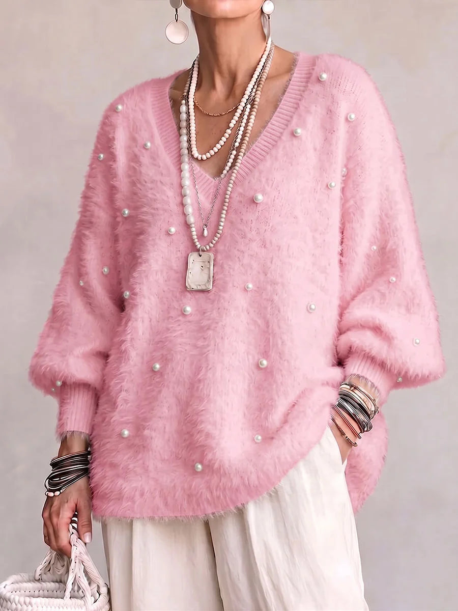 Ainara- Suéter informal holgado de manga larga con cuello en V y color liso para mujer
