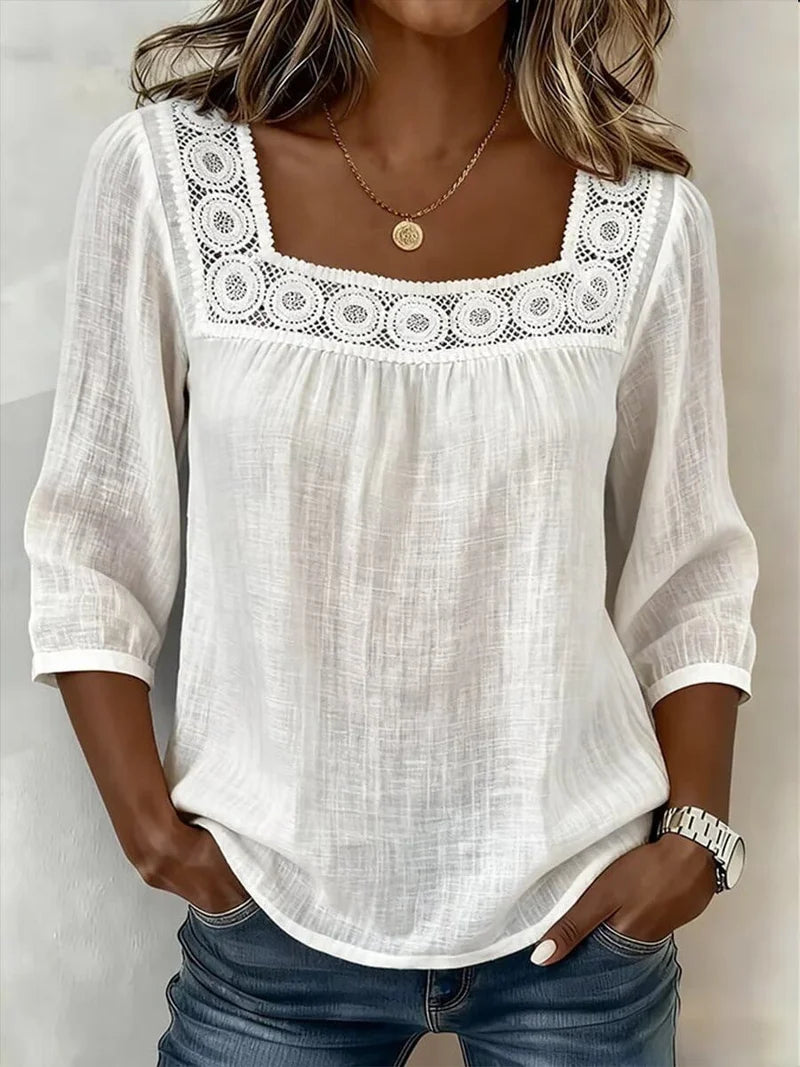 Amelia- Blusa mujer de algodón y lino con encaje elegante