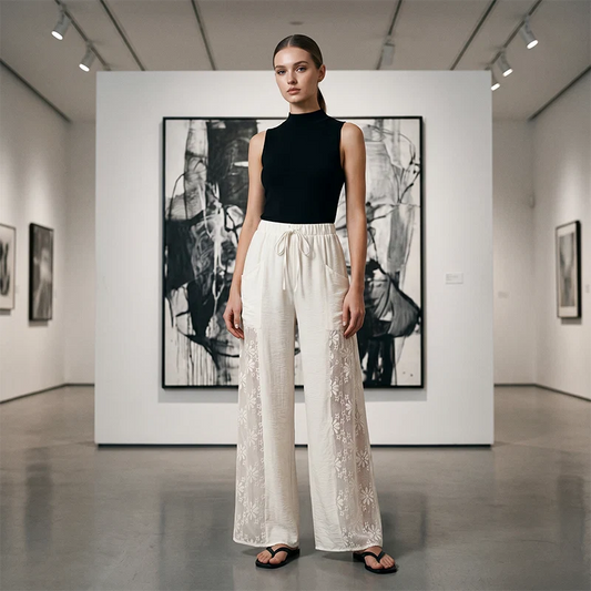 Julieta- Pantalón mujer fluido con encaje floral y cordón ajustable